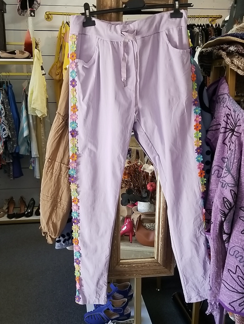 Lilac Drawstring Pants with Colorful Floral Trim